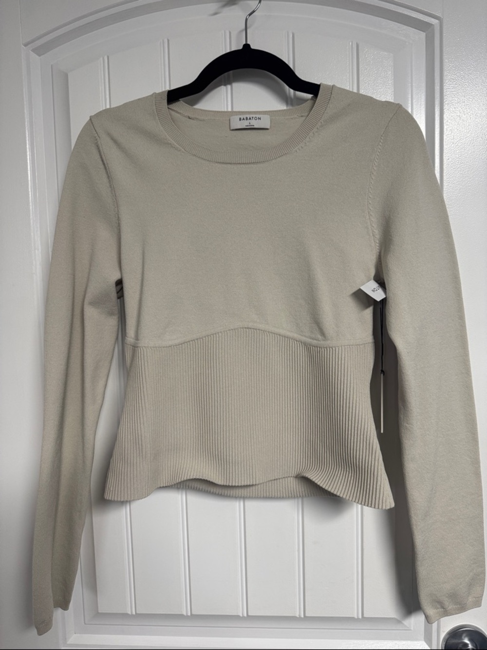 Babaton Light Cream Ribbed-Paneled Long Sleeve Top